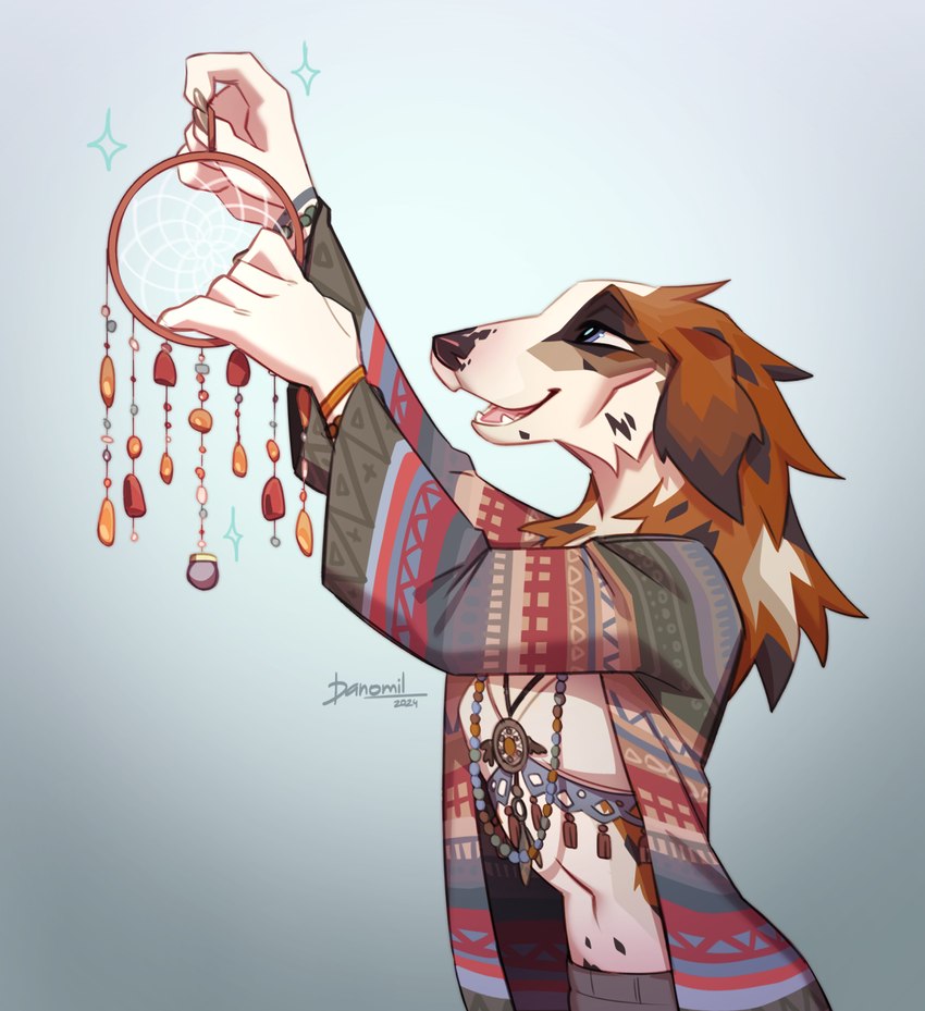 anthro clothed clothing dreamcatcher female folk_clothes jewelry open_mouth open_smile pendant smile solo danomil canid canine canis domestic_dog mammal 2024 hi_res