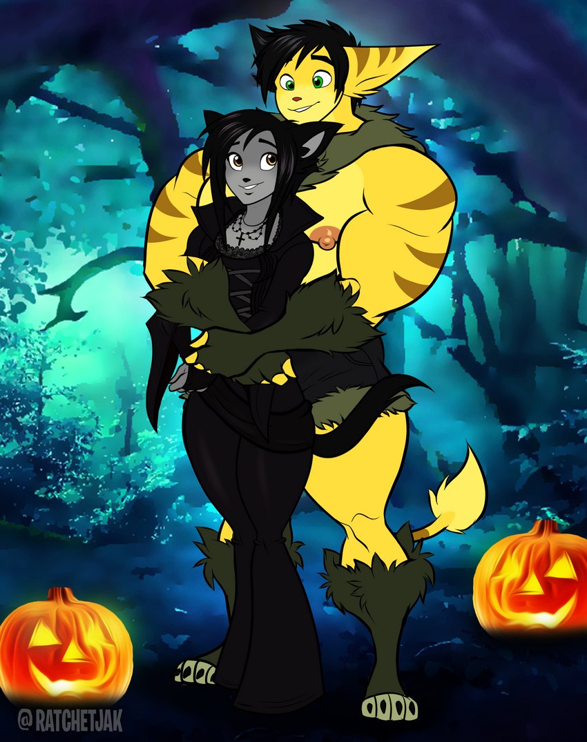 alternative_fashion anthro bell_bottoms big_muscles big_pecs black_clothing black_hair black_tail bottomwear clothed clothing costume curvy_figure food fruit fur goth grey_body grey_fur hair holidays hotpants hug hugging_another hugging_from_behind jack-o'-lantern male male/male markings muscular muscular_arms nipples pants pecs plant pumpkin romantic romantic_couple shorts size_difference spiky_hair striped_body striped_markings stripes tail thick_thighs vampire_costume werewolf_costume yellow_body yellow_fur ecs ratchetjak halloween mythology ratchet_and_clank sony_corporation sony_interactive_entertainment fan_character kai_(ratchetjak) spike_(ratchetjak) canid canine domestic_cat felid feline felis lombax mammal mythological_canine mythological_creature vampire werecanid werecanine werecreature werewolf hi_res