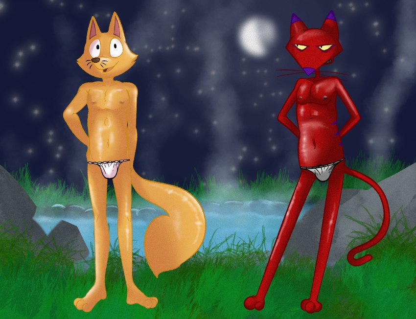 anthro asian_clothing bulge clothed clothing duo east_asian_clothing fundoshi fundoshi_only hot_spring japanese_clothing male male/male moon mostly_nude night nipples outside public_bath smile topless underwear underwear_only water illegaleel cartoon_network courage_the_cowardly_dog kaiketsu_zorori katz_(courage_the_cowardly_dog) zorori canid canine felid feline fox mammal crossover hi_res