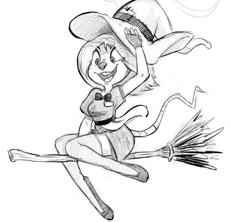 anthro breasts broom buckteeth cleaning_tool clothing costume female fingerless_gloves gloves handwear hat headgear headwear holidays smile solo teeth witch_hat smekbo endtown halloween holly_hollister mammal mouse murid murine rodent greyscale monochrome