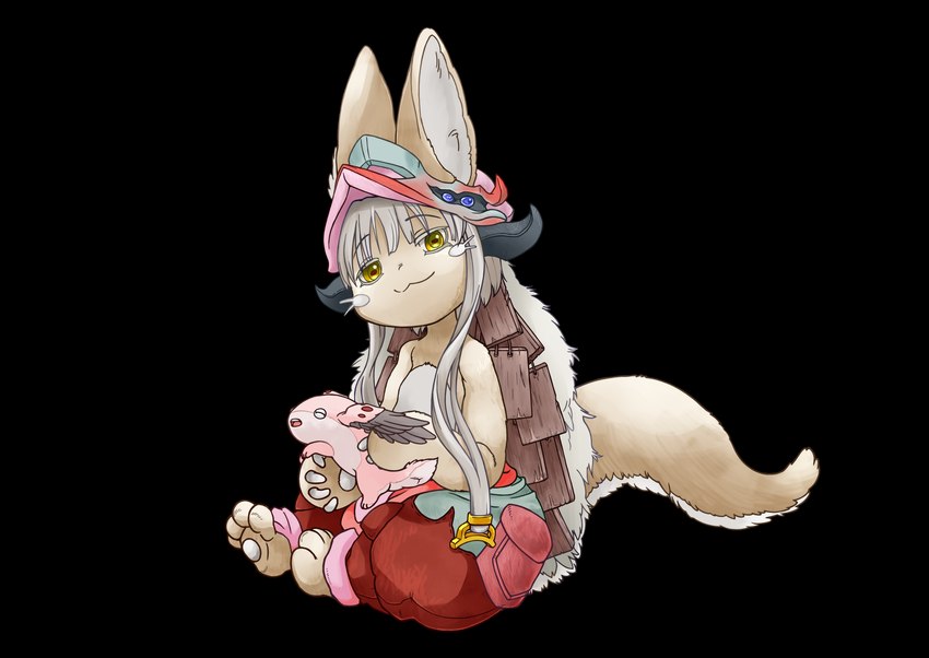 ambiguous_gender anthro clothed clothing duo feathered_wings feathers feral hat headgear headwear on_lap tail wings hetanari made_in_abyss meinya nanachi narehate absurd_res alpha_channel hi_res