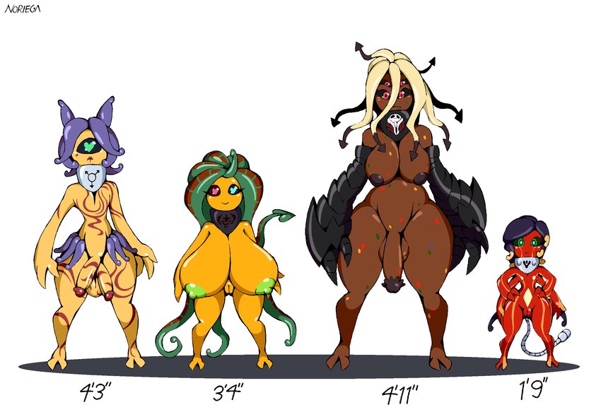 1_eye 2_penises 2_toes 3_fingers 4_arms 4_eyes areola balls big_balls big_breasts big_penis biped black_sclera breast_size_difference breasts brown_body brown_nipples chart collar feet female femboy fingers flaccid flat_chested front_view genitals glans green_eyes green_nipples green_sclera group heart_eyes heart_symbol height_chart herm heterochromia huge_breasts huge_hips intersex inverted_nipples lineup looking_at_viewer male markings multi_arm multi_eye multi_genitalia multi_limb multi_penis nipples not_furry nude penis pink_eyes pseudo_hair pussy red_body short simple_background size_difference small_waist smile spade_tail spots spotted_body standing tail tan_body tentacle_hair tentacles thick_thighs toes unusual_anatomy unusual_genitalia unusual_glans unusual_penis white_background wide_hips yellow_body noriega alien alien_humanoid humanoid meratrix 2018 digital_drawing_(artwork) digital_media_(artwork) hi_res signature