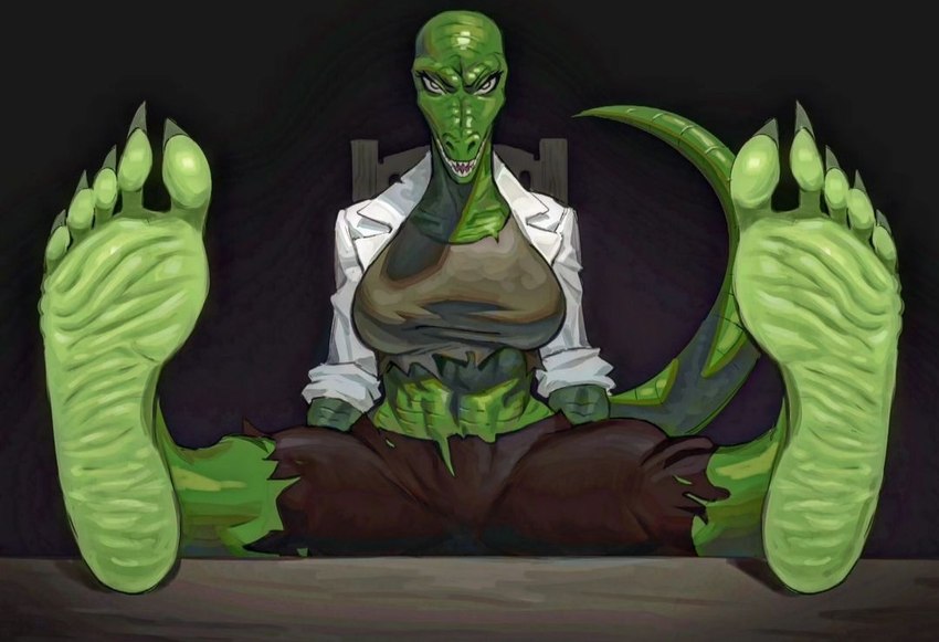 5_toes anthro barefoot bottomwear breasts chair claws clothing coat countershade_feet countershading crop_top feet female first_person_view foot_focus foot_on_table furniture green_body green_scales green_tail humanoid_feet lab_coat looking_at_viewer plantigrade scales shirt simple_background sitting soles solo table tail toe_claws toes topwear torn_bottomwear torn_clothing torn_topwear wrinkled_feet wrinkles xmonstergirlshideout liza the_lizard_(marvel) lizard lizardman reptile scalie