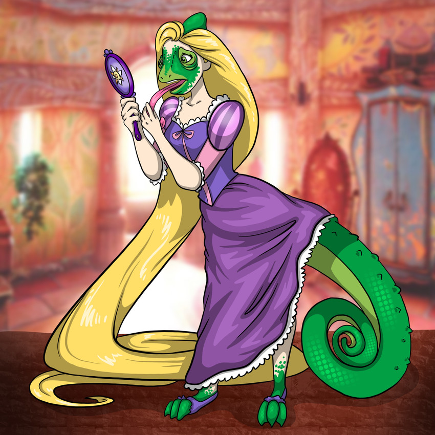 alternate_species blonde_hair breasts clothing dress female green_body green_scales hair hand_mirror inside long_hair long_tongue mid_transformation mirror non-mammal_breasts photo_background scales solo standing surprise tongue transformation blacksheeptfs disney tangled_(disney) rapunzel_(disney) chameleon lizard reptile scalie 1:1 absurd_res hi_res photography_(artwork)