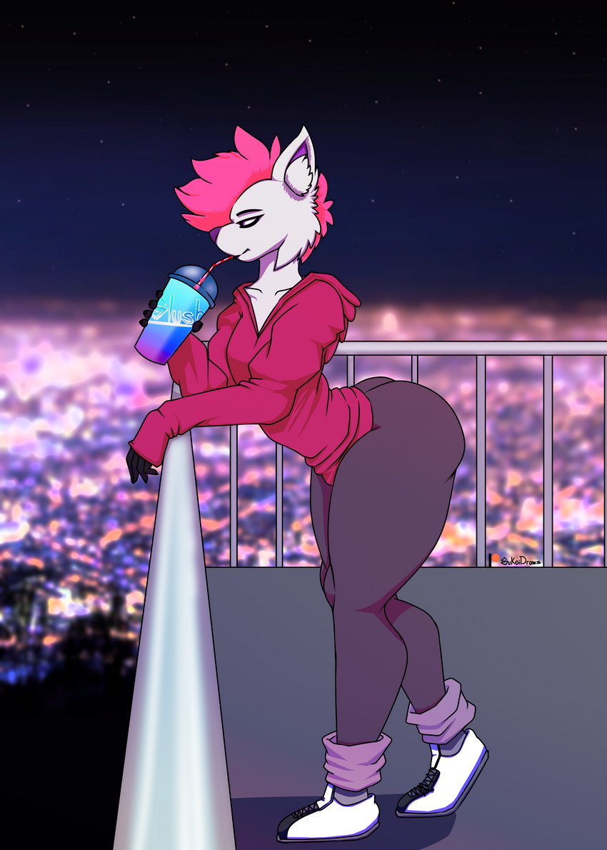 anthro big_butt butt drinking female solo thick_thighs sukoi_(artist) canid canine canis mammal wolf absurd_res digital_media_(artwork) hi_res