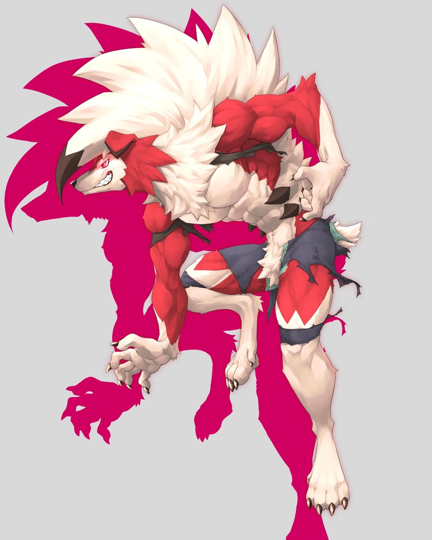 after_transformation anthro claws clothing crotch_tuft fur glowing glowing_eyes grin hair implied_transformation male muscular muscular_anthro muscular_male red_body red_eyes red_fur sharp_teeth smile solo teeth torn_clothing tuft white_body white_fur white_hair captainjohkid nintendo pokemon canid generation_7_pokemon lycanroc mammal midnight_lycanroc pokemon_(species) werecanid werecreature werepokemon 4:5 absurd_res hi_res