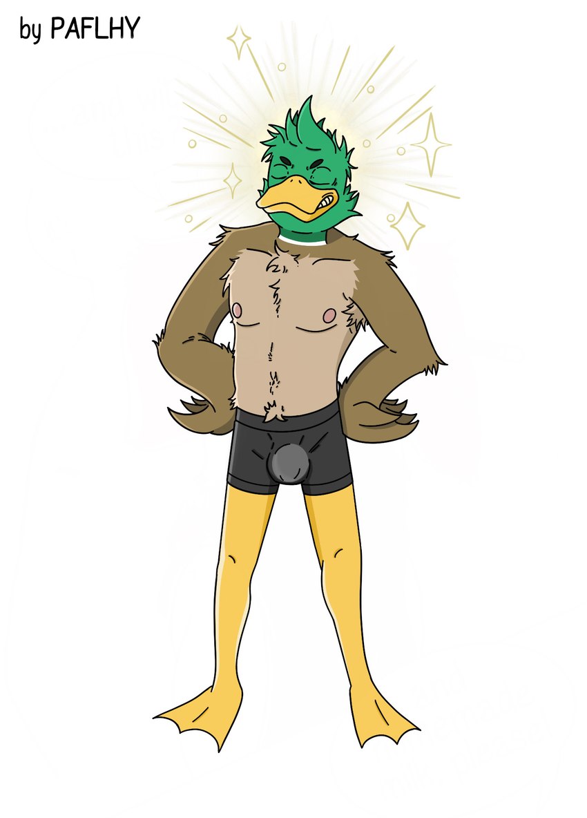 anthro armpit_hair avian_feet beak body_hair bulge clothing feathers feet fur hair happy happy_trail male nipples pose proud smile solo standing underwear wings torinohito anas anatid anseriform avian bird dabbling_duck duck mallard hi_res