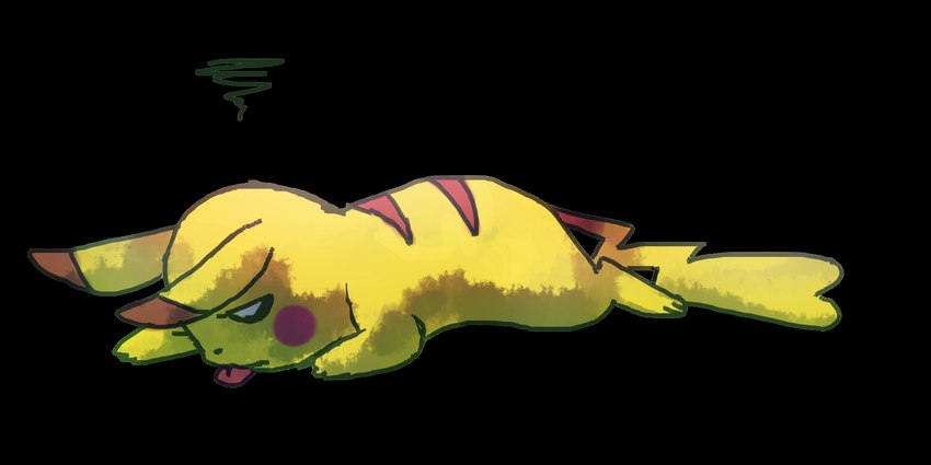 black_nose cheek_spots eyelashes female lying on_front on_ground pupils red_cheeks solo tail tired tongue tongue_out white_pupils yellow_body yellow_tail flavia-elric nintendo pokemon generation_1_pokemon pikachu pokemon_(species) 2015 2:1 alpha_channel digital_media_(artwork) hi_res