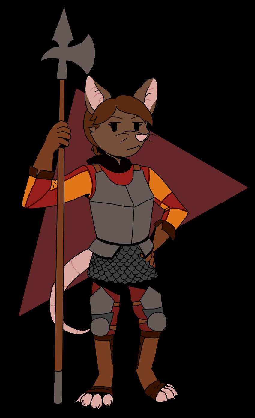 anthro armor barefoot body_armor brown_body brown_fur brown_hair chest_armor clothing cuirass cuisse feet female fur gloves guard hair handwear holding_melee_weapon holding_object holding_polearm holding_spear holding_weapon knee_pads knight medieval medieval_armor melee_weapon orange_clothing pink_nose polearm poleaxe pose rat_ears rat_tail red_clothing scale_armor simple_background simple_eyes solo spear tail transparent_background warrior weapon whiskers unknown_artist mammal murid murine rat rodent alpha_channel digital_drawing_(artwork) digital_media_(artwork) hi_res