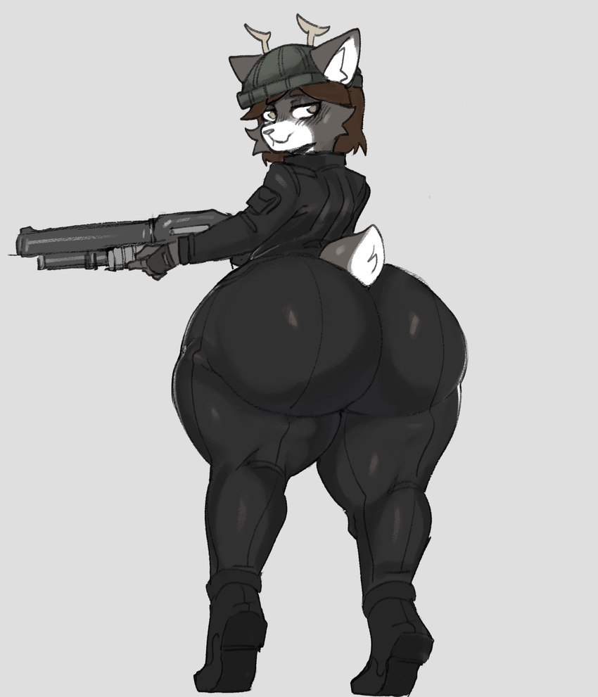 anthro big_butt blush blush_lines boots butt cheek_tuft clothed clothing facial_tuft footwear fur gloves gun handwear holding_gun holding_object holding_ranged_weapon holding_weapon huge_butt huge_thighs jacket looking_at_viewer looking_back male ranged_weapon rear_view shoes shotgun simple_background smile smirk solo standing thick_thighs topwear trigger_discipline tuft weapon white_background tozamtr bell_(bellum32) deer mammal 2024 absurd_res hi_res