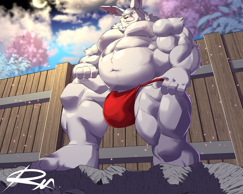 anthro asian_clothing barazoku belly big_belly bulge clothing detailed_background east_asian_clothing fundoshi humanoid_hands japanese_clothing kemono male musclegut muscular night nipples outside overweight overweight_male plant red_clothing red_fundoshi red_underwear solo tree underwear white_body reclamon shangri-la_frontier vysache lagomorph leporid mammal rabbit vorpal_bunny 2023 5:4 hi_res