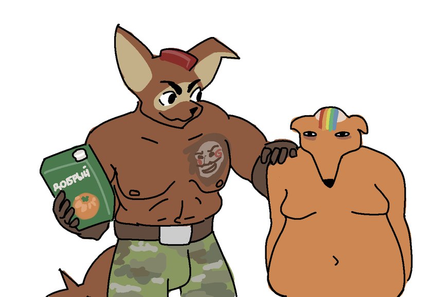 anthro belt beverage bottomwear brown_body brown_fur camo camo_bottomwear camo_clothing camo_pants camo_print carton clothed clothing crossgender duo featureless_chest floppy_ears fur holding_beverage holding_object juice male muscular nipples orange_body orange_fur overweight pants pattern_bottomwear pattern_clothing pattern_pants topless prostokvashino tama-tama hybrid half-length_portrait portrait