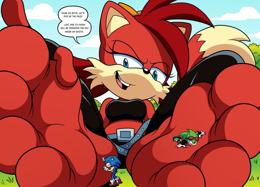 4_toes anthro barefoot dialogue extreme_size_difference feet female foot_fetish foot_focus foot_lick foot_play foot_rub group licking low-angle_view macro male male/female size_difference soles speech_bubble toes tongue trio shadowmage782x archie_comics sega sonic_the_hedgehog_(archie) sonic_the_hedgehog_(comics) sonic_the_hedgehog_(series) fiona_fox scourge_the_hedgehog sonic_the_hedgehog canid canine eulipotyphlan fox hedgehog mammal absurd_res hi_res