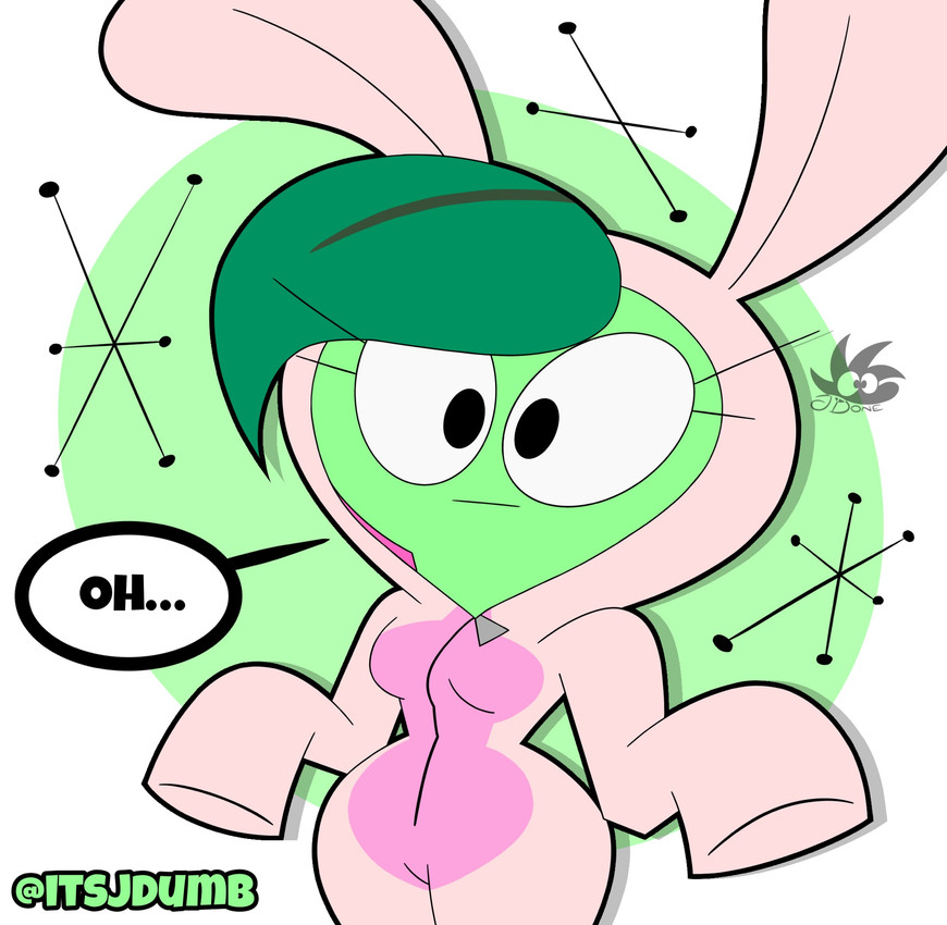 anthro black_eyes breasts bunny_costume clothed clothing costume eyelashes female googie_aesthetic green_body green_hair hair holidays long_sleeves plant populuxe simple_background solo text jdone easter electronic_arts plants_vs._zombies popcap_games umi_(jdone) elemental_creature elemental_humanoid flora_fauna humanoid plant_humanoid umbrella_leaf_(pvz) 2025 digital_media_(artwork) english_text hi_res