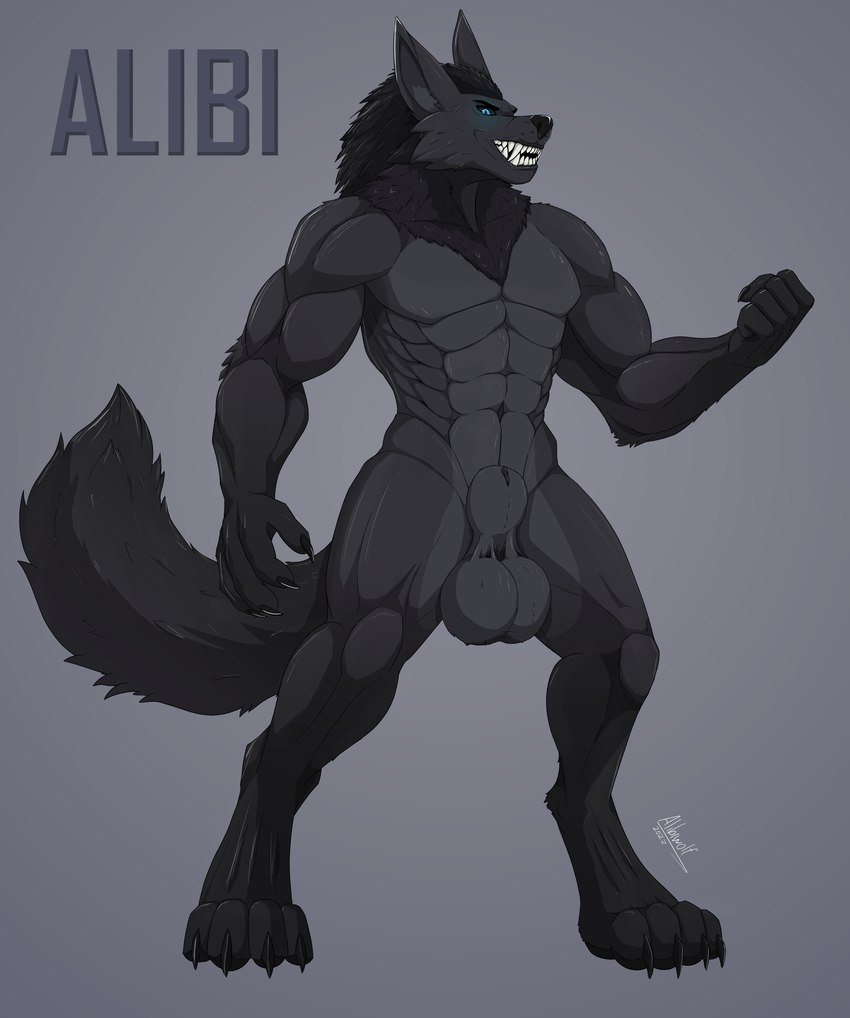 abs animal_genitalia anthro balls big_balls big_feet black_body black_fur black_sclera blue_eyes claws digitigrade feet fluffy fluffy_tail fully_sheathed fur genitals glowing glowing_eyes grey_background grey_body grey_fur grin heavy_balls looking_at_viewer male muscular neck_tuft nude sheath simple_background smile solo tail teeth tuft alibiwolf mythology alibi_(alibiwolf) canid canine canis mammal mythological_canine mythological_creature werecanid werecanine werecreature werewolf wolf absurd_res hi_res model_sheet