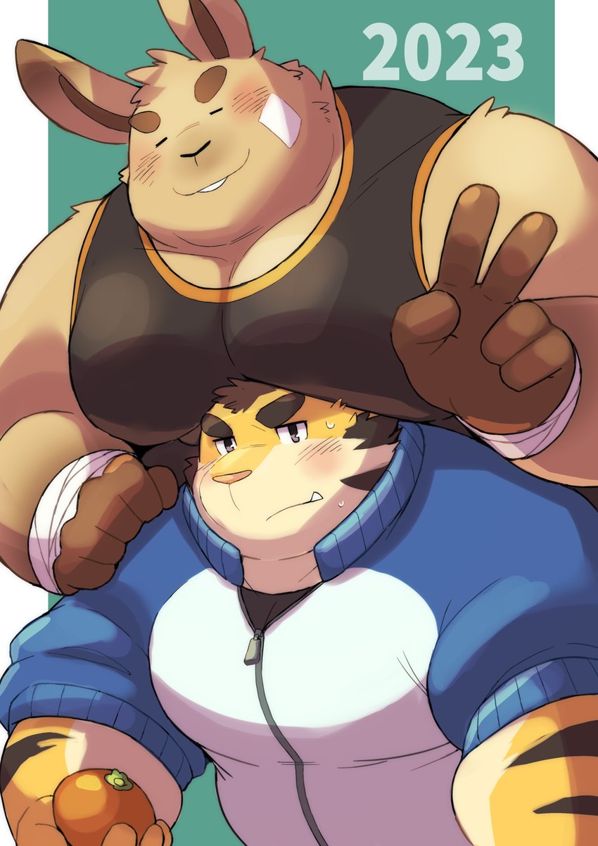 anthro blush brown_body clothing duo eyes_closed humanoid_hands kemono male musclegut muscular shirt topwear ayame42612 felid lagomorph leporid mammal pantherine rabbit tiger 2023 hi_res