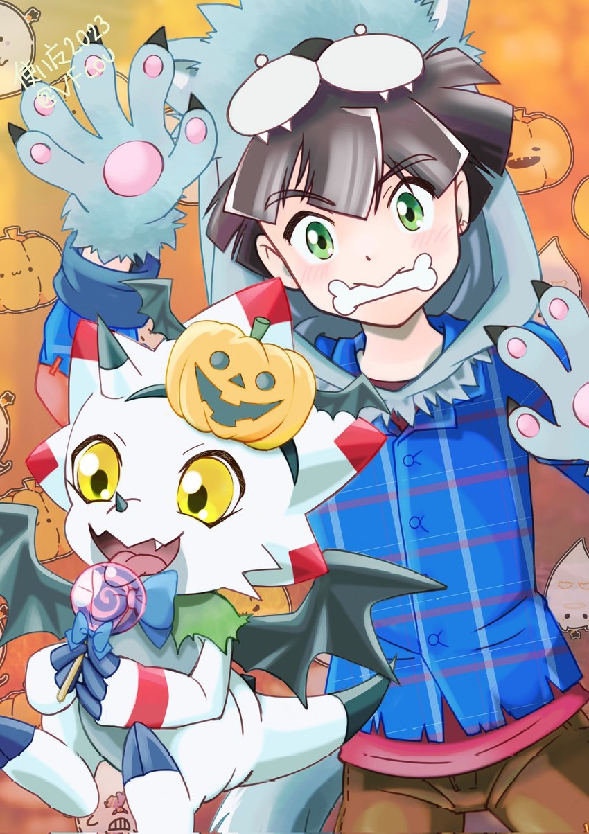 anthro bone_in_mouth brown_hair candy clothing costume dessert duo food green_eyes hair horn jack-o'-lantern lollipop male pawpads smile werewolf_costume white_body wings yellow_eyes vfcou bandai_namco digimon digimon_ghost_game hiro_amanokawa digimon_(species) gammamon human mammal hi_res