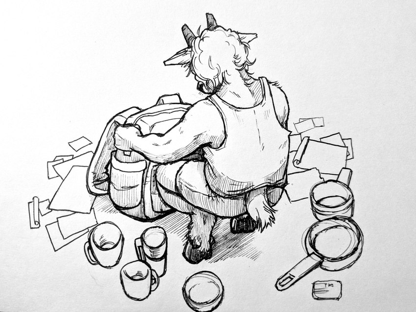 anthro backpack container cookware cup digitigrade ears_down faceless_character frying_pan hair holding_object hooves horn kitchen_utensils male mug paper pivoted_ears solo tail thermos tools wavy_hair tangerin4yon inktober inktober_2024 bovid caprine mammal rocky_mountain_goat 2024 4:3 absurd_res hi_res traditional_media_(artwork)