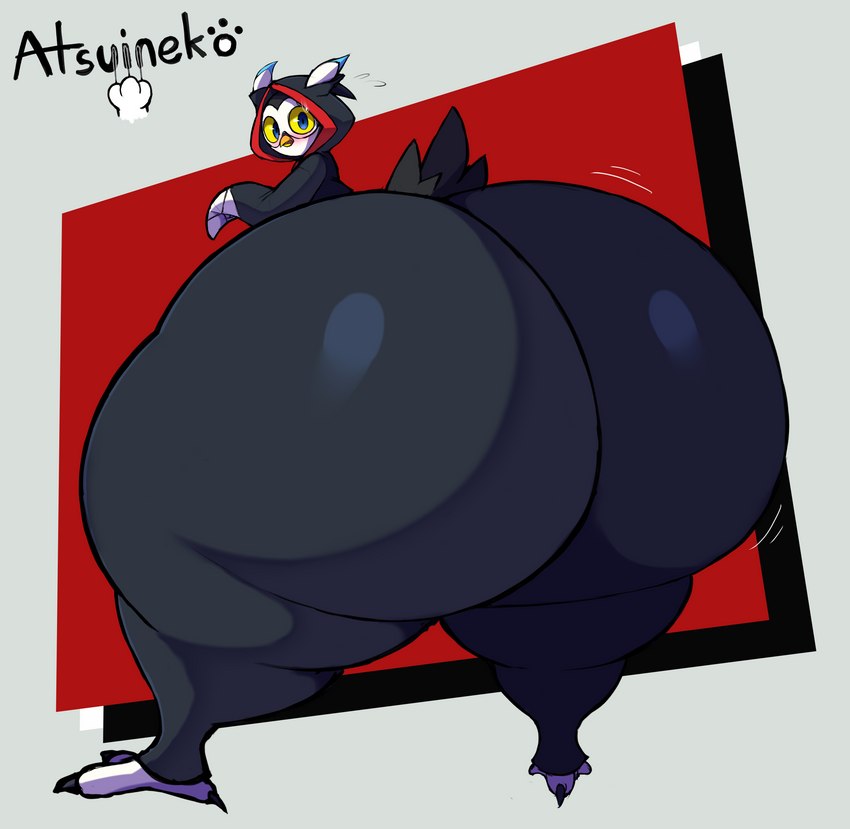 ambiguous_gender anthro beak big_butt blue_eyes blush butt clothed clothing huge_butt huge_hips huge_thighs hyper hyper_butt hyper_hips hyper_thighs looking_at_viewer looking_back solo thick_thighs wide_hips yellow_sclera atsuineko atlus megami_tensei megami_tensei_persona sega ruferu_(persona) avian bird owl hi_res