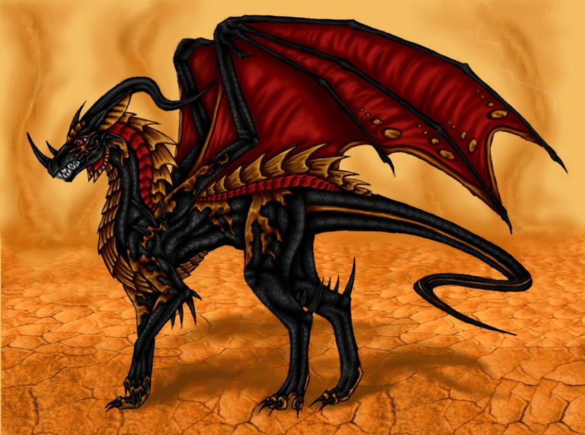 ambiguous_gender black_body black_claws black_horn black_scales claws desert digitigrade feral gold_markings gold_scales gold_spikes horn markings membrane_(anatomy) membranous_wings quadruped red_body red_membrane red_scales scales solo tail teeth wings selianth mythology araelun dragon mythological_creature mythological_scalie scalie