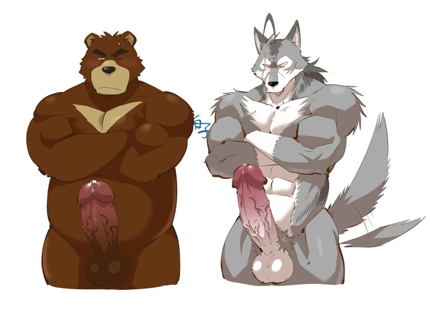 anthro balls barazoku big_penis blush bodily_fluids brown_body brown_fur countershading duo erection fur genital_fluids genitals grey_body grey_fur huge_penis humanoid_genitalia humanoid_penis kemono male musclegut muscular muscular_male overweight overweight_male penis precum simple_background white_background white_body white_fur shirako morenatsu juuichi_mikazuki ten_kodori bear canid canine canis mammal wolf 2021