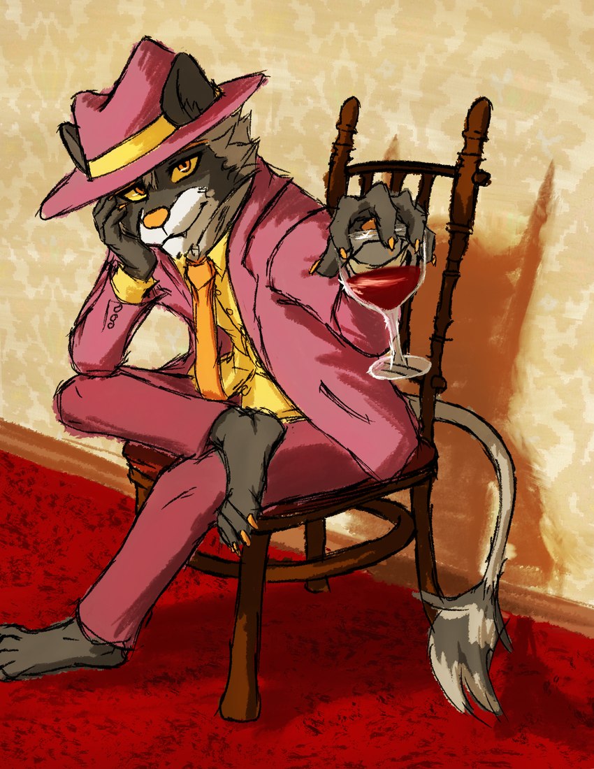 alcohol anthro barefoot beverage chair clothed clothing container cup drinking_glass feet furniture glass glass_container glass_cup looking_at_viewer male necktie orange_eyes sitting solo suit tail tail_tuft tuft wine wine_glass yellow_eyes thewolvenmisfit mythology the_non_raccoon dulka_(the_non_raccoon) dragon hybrid kirin mammal mythological_creature mythological_scalie procyonid raccoon scalie absurd_res hi_res