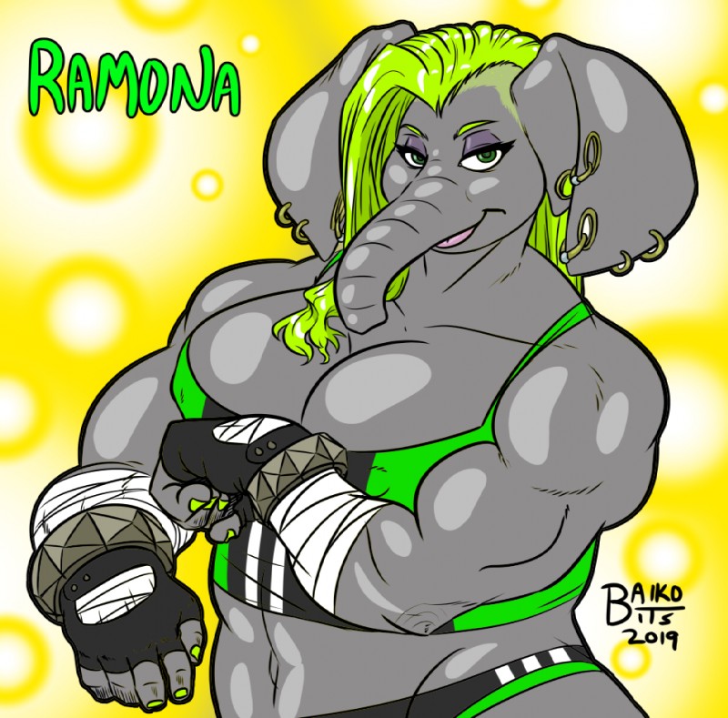 anthro big_breasts breasts cleavage clothed clothing colored_nails ear_piercing female flexing gauged_ear green_eyes green_hair hair huge_breasts looking_at_viewer muscular muscular_anthro muscular_female nails piercing smile solo tight_clothing trunk baikobits ramona_(baikobits) elephant elephantid mammal proboscidean 2019