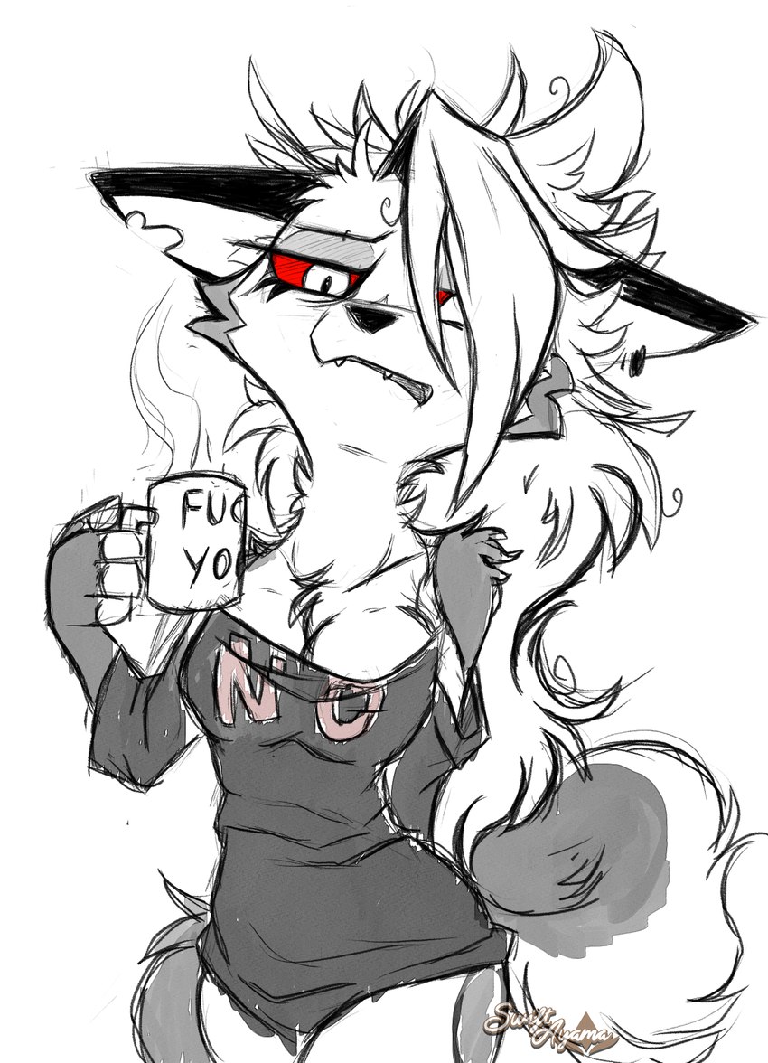 anthro arm_tuft bedhead biped black_nose breasts cheek_tuft clothing coffee_mug container cup ear_piercing ear_ring ears_down eyebrow_piercing eyebrow_ring eyebrows eyelashes facial_piercing facial_tuft fangs female female_anthro fluffy fluffy_tail front_view fur hair hair_over_eye holding_container holding_cup holding_object long_hair looking_at_viewer messy_hair narrowed_eyes notched_ear one_eye_obstructed pajama_shirt piercing pivoted_ears pupils ring_piercing shoulder_tuft simple_background slit_pupils solo tail teeth text text_on_clothing text_on_coffee_mug topwear tuft white_background white_body white_eyes white_fur rena_ayama helluva_boss mythology loona_(helluva_boss) canid canid_demon canine demon hellhound mammal mythological_canine mythological_creature 2024 digital_media_(artwork) hi_res portrait restricted_palette sketch three-quarter_portrait