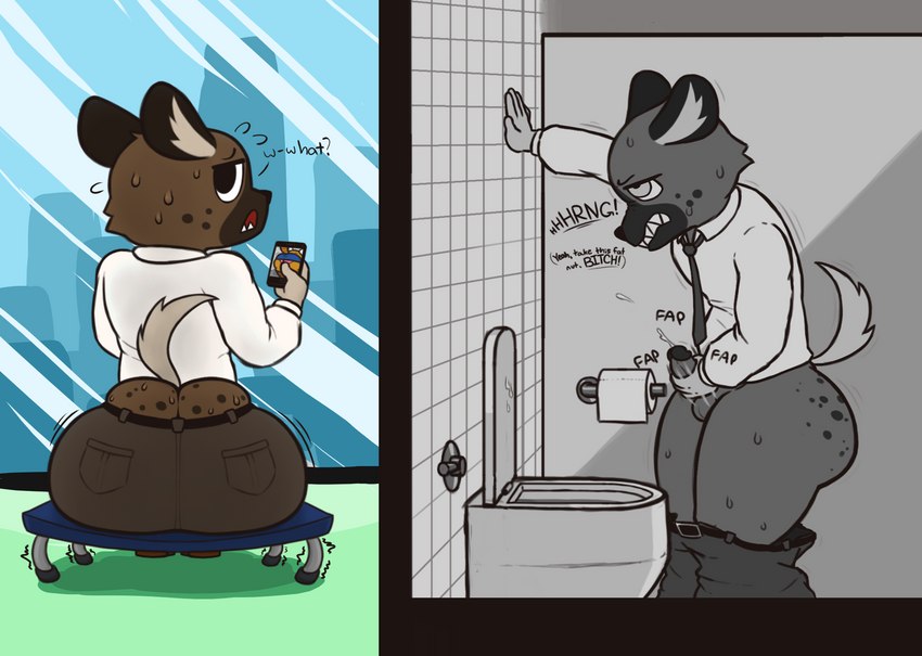 angry anthro aroused at_work balls bathroom belt bench big_butt bodily_fluids bottom_heavy bottomless bottomless_male bottomwear bottomwear_down brown_body brown_bottomwear brown_clothing brown_fur brown_pants building business_attire businesswear butt cellphone clothed clothing cum cum_on_toilet detailed_background ejaculation electronics erection footwear fur furniture genital_fluids genitals glass grey_background greyscale_background hand_on_wall holding_object holding_phone huge_butt humanoid_genitalia humanoid_penis inner_ear_fluff insult light_tail looking_at_viewer looking_back looking_up male masturbation muttering necktie oblivious on_bench on_furniture open_mouth panties pants pants_down panty_shot partially_clothed penile penile_masturbation penis phone photo pockets profanity public public_masturbation public_restroom raised_tail restroom_stall round_ears scrunched_nose shirt shoes simple_background sitting sitting_on_bench smartphone snout solo spots spotted_butt standing sweat tail text thick_thighs toilet toilet_bowl toilet_paper topwear tuft undersized_clothing underwear unprofessional_behavior wardrobe_malfunction zlut385 aggretsuko sanrio haida_(aggretsuko) retsuko ailurid hyena mammal red_panda spotted_hyena colored digital_drawing_(artwork) digital_media_(artwork) greyscale hi_res monochrome shaded