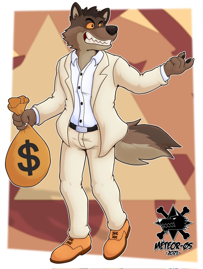 anthro bag bank_robbery border bottomwear burglary clothing crime criminal currency_symbol dollar_sign footwear fur male male_anthro money_bag pants plantigrade robber robbery robbing sharp_teeth shoes solo stealing suit symbol teeth thief thug white_border meteorzerofive dreamworks the_bad_guys mr._wolf_(the_bad_guys) canid canine canis mammal wolf 2021 hi_res