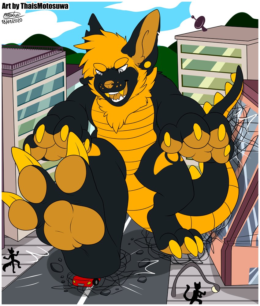 anthro city city_background city_crushing city_destruction claws crush crushed_object crushed_vehicle extreme_size_difference feet foot_crush foot_fetish foot_focus foot_play macro macro_anthro male pawpads paws size_difference solo conditional_dnp thaismotosuwa hybrid kaiju monster 2020 absurd_res hi_res