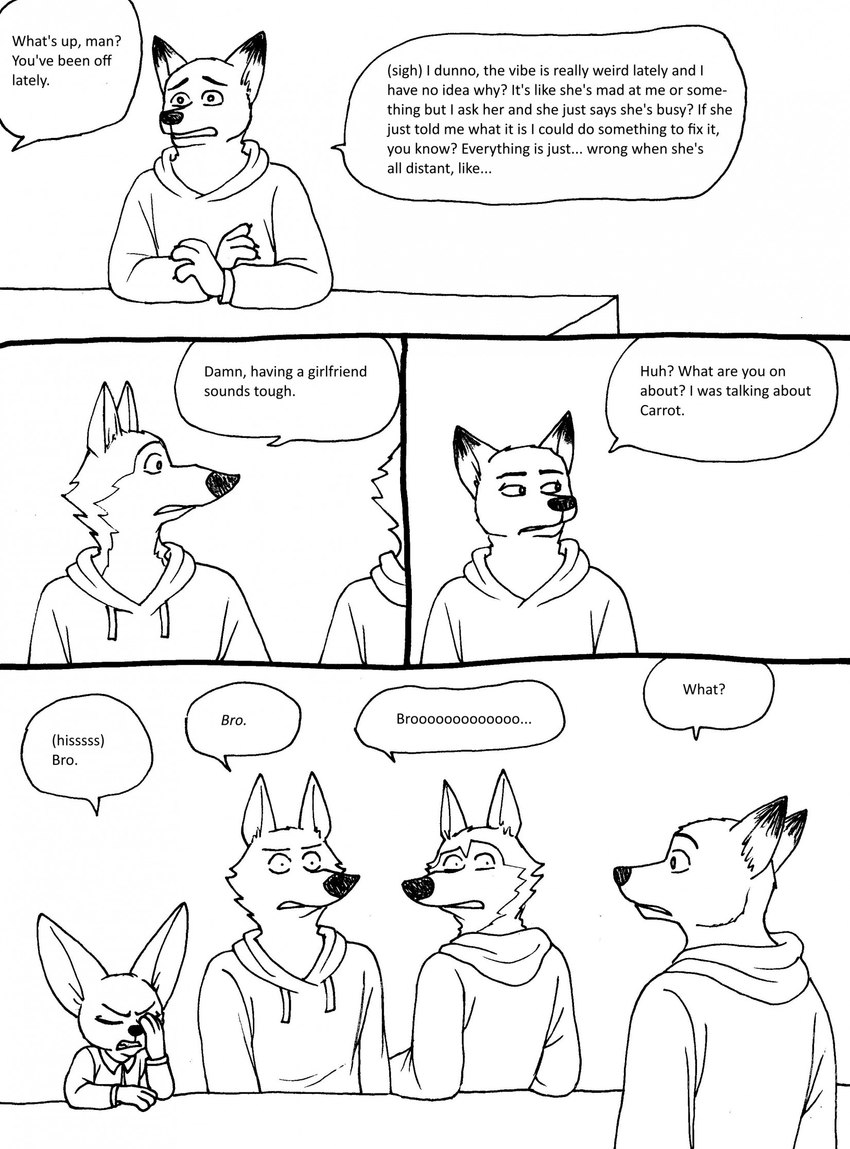 anthro claws clothed clothing dialogue facepalm finger_claws fur group hoodie humanoid_hands male speech_bubble text topwear bernielover bernielover's_college_au disney zootopia finnick_(zootopia) nick_wilde canid canine canis fennec_fox fox mammal red_fox true_fox wolf 2023 comic english_text hi_res monochrome