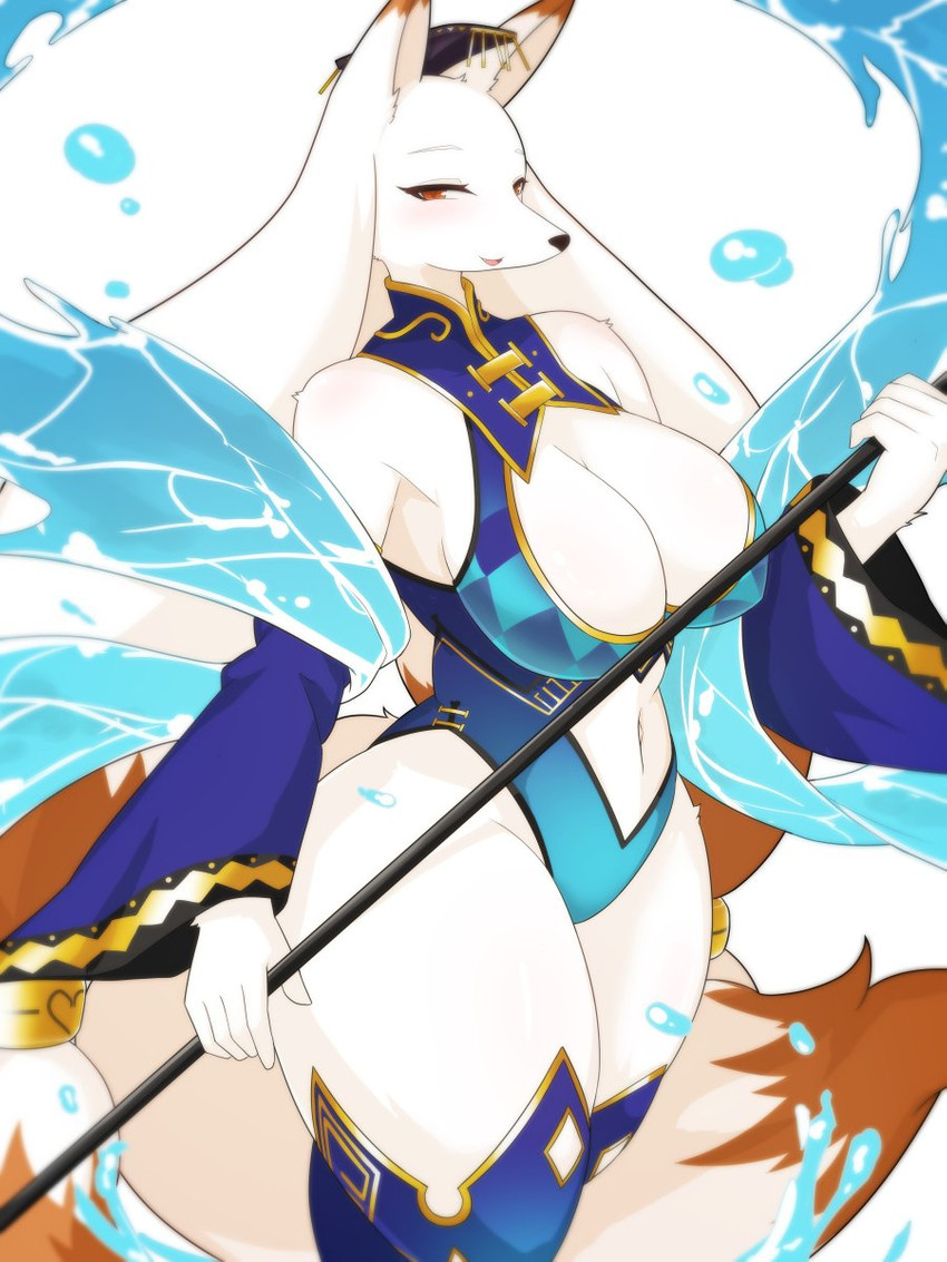 amber_eyes anthro asian_clothing big_breasts breasts clothing east_asian_clothing female female_anthro fur japanese_clothing kemono solo staff thick_thighs water white_body white_fur takeshi_kemo cyberconnect2 drecom full_bokko_heroes daji_(full_bokko_heroes) renard_(homura_kasuka) canid canine fox mammal 3:4 hi_res