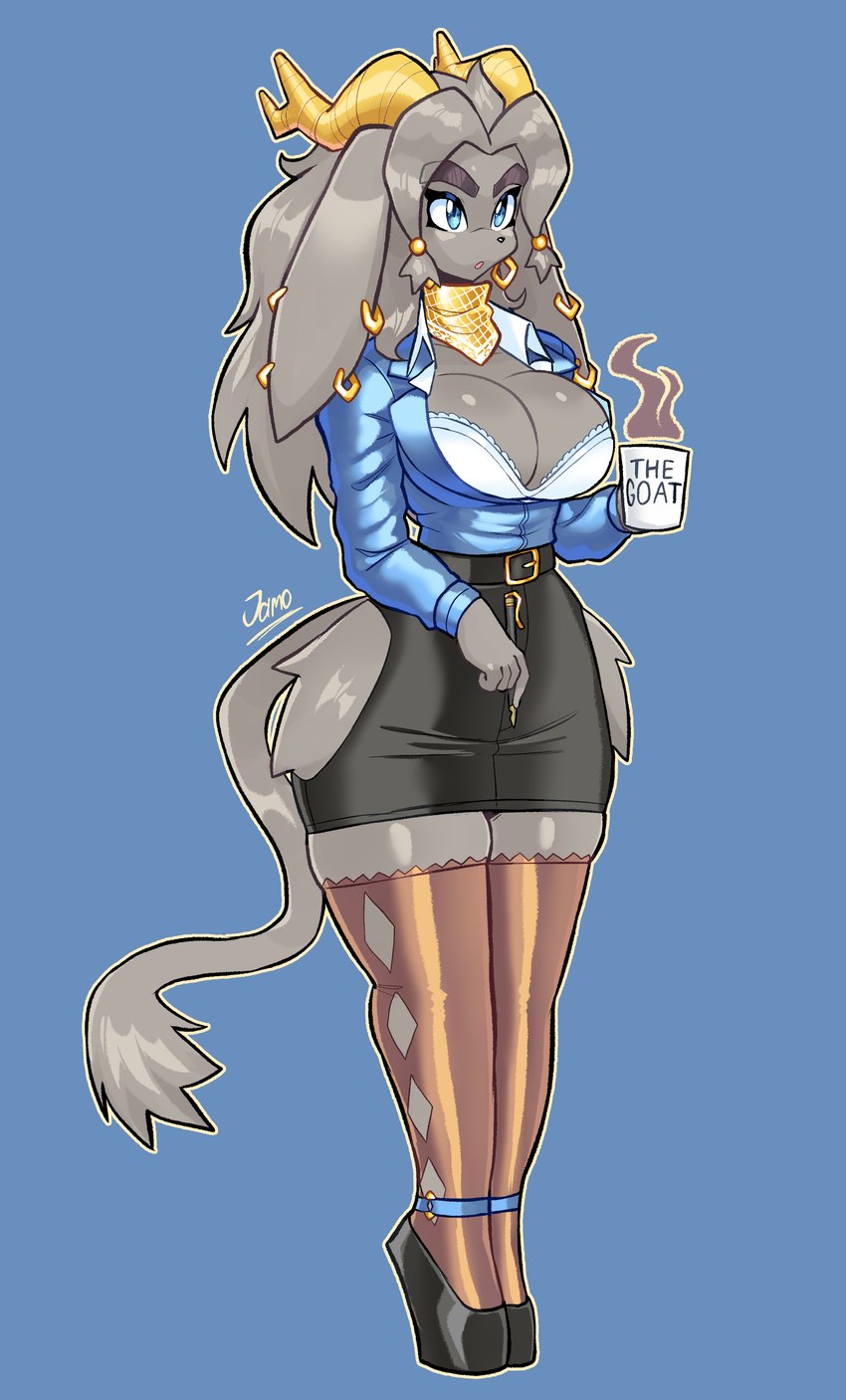 anthro antlers belt big_breasts blue_eyes bottomwear bra breasts clothing coffee_mug ear_piercing ear_ring eyebrows eyelashes female footwear fur glistening glistening_breasts grey_body grey_fur grey_hair hair hip_tuft horn kerchief legwear neckerchief neckwear pen pencil_skirt piercing ring_piercing secretary shirt skirt solo thick_thighs topwear tuft underwear jamoart pseudoregalia sybil_(pseudoregalia) hybrid jackalope lagomorph leporid mammal rabbit 2025 absurd_res hi_res