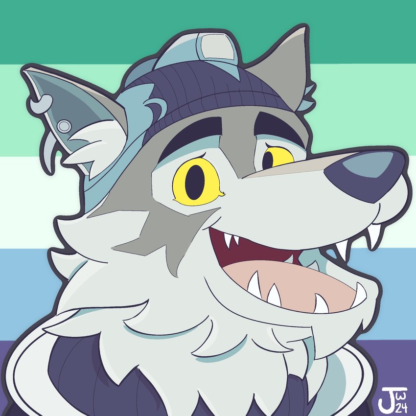 anthro biped clothed clothing ear_piercing ear_ring fur happy hat headgear headwear lgbt_pride looking_at_viewer male open_mouth piercing potrait pride_color_background pride_colors ring_piercing sharp_teeth simple_background smile smiling_at_viewer solo teeth tongue tuft vincian_pride_colors yellow_eyes jimbydraws epic_games fortnite wendell_(fortnite) canid canine canis mammal wolf 1:1 digital_media_(artwork) hi_res