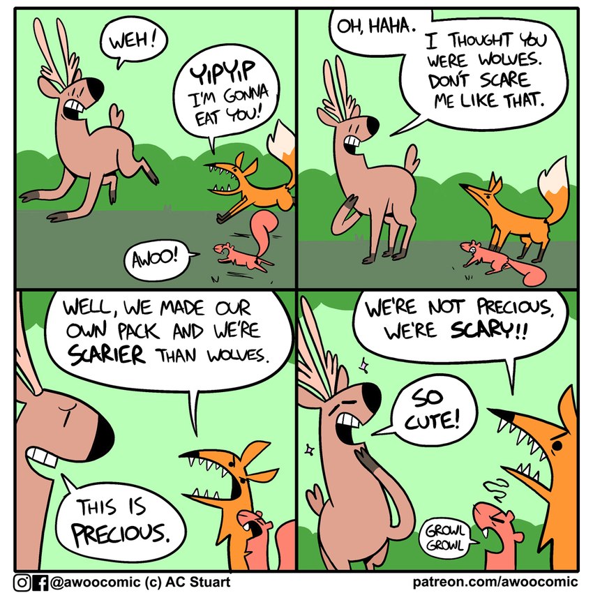 ambiguous_gender animal_noises annoyed antlers awoo base_two_layout black_nose buckteeth compliment conjoined_speech_bubble dialogue dialogue_with_sound_effects different_sound_effects eyebrows eyes_closed feral four_frame_grid four_frame_image fur grass grid_layout group growling horn laugh male onomatopoeia open_mouth orange_body orange_fur orange_tail plant red_body red_fur red_tail regular_grid_layout shrub sound_effects sparkles species_in_dialogue speech_bubble standing startled stating_intentions tail talking_to_another tan_body tan_fur tan_tail teeth text trio two_row_layout vocalization yipping ac_stuart noob_the_loser awoo_(ac_stuart) doug_(ac_stuart) canid canine deer fox mammal rodent sciurid tree_squirrel 1:1 comic english_text url female_(lore) male_(lore)