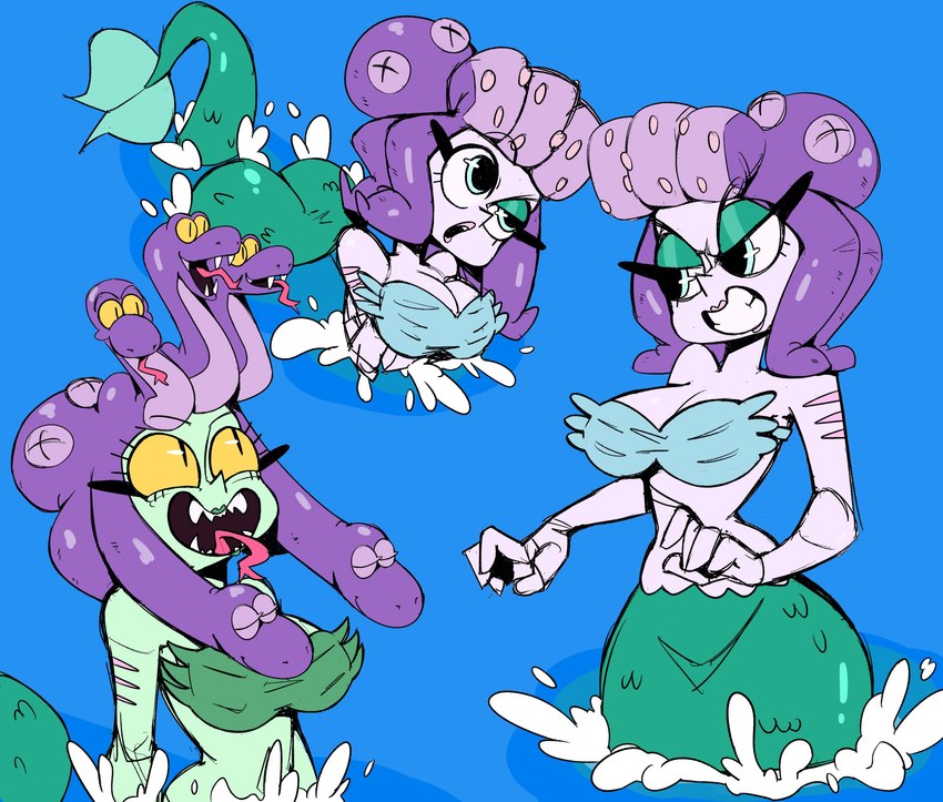 breasts cleavage clothed clothing female group open_mouth partially_submerged split_form teeth water dkajart cuphead_(game) cala_maria cephalopod coleoid humanoid marine merfolk mollusk octopodiform octopus reptile scalie snake hi_res