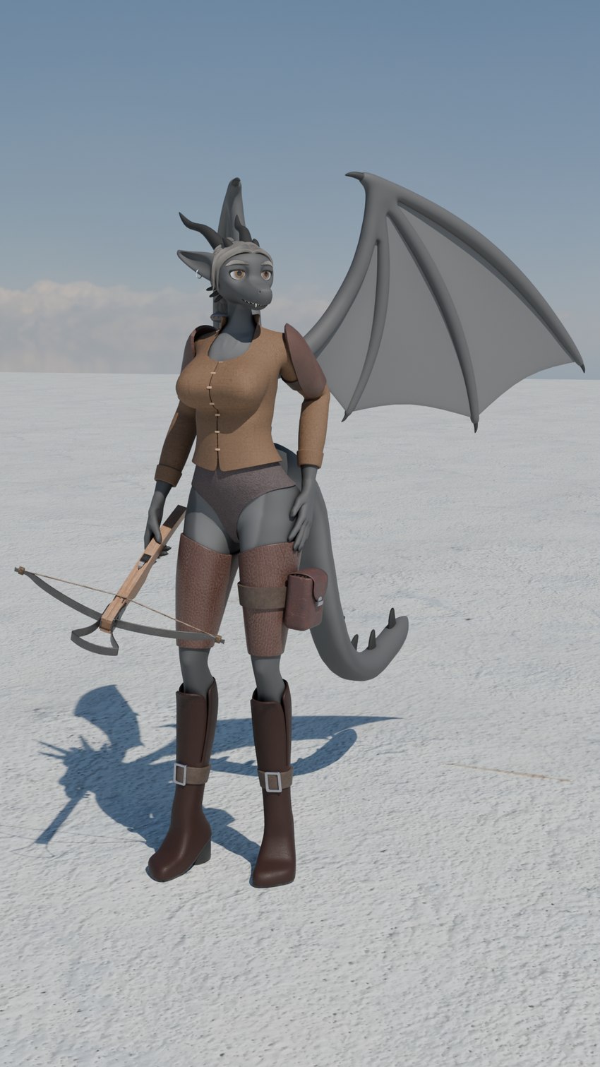 anthro arbalist arm_guards armor boots breasts brown_eyes clothing crossbow cuisse ear_piercing ear_ring female footwear grey_body hair holding_object holding_ranged_weapon holding_weapon horn knee_boots knee_highs leather leather_armor leather_boots leather_clothing leather_footwear legwear long_boots medium_breasts non-mammal_breasts piercing ranged_weapon ring_piercing shoes solo tail thigh_pouch thigh_strap weapon wings pukhnastyy_aks mythology eliora_vohnekryl dragon mythological_creature mythological_scalie scalie 3d_(artwork) 9:16 digital_media_(artwork) full-length_portrait hi_res portrait