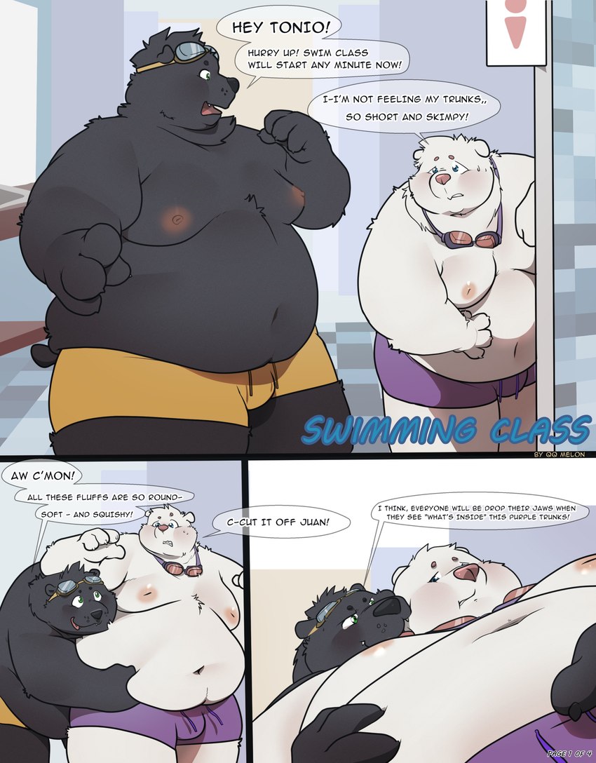 anthro anthro_on_anthro belly belly_grab belly_overhang big_belly blush bottomwear bulge clothing dialogue duo kemono male male/male moobs navel nipples obese obese_anthro obese_male overweight overweight_anthro overweight_male shorts speech_bubble swimwear text qqmelon888 bear mammal 2024 absurd_res comic english_text hi_res