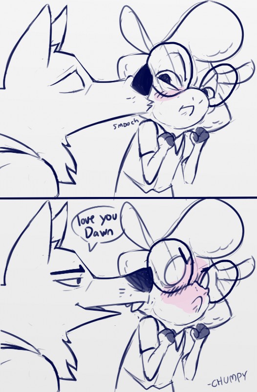 anthro blush dialogue duo eyes_closed eyewear female fur glasses half-closed_eyes kissing kissing_cheek male narrowed_eyes simple_background size_difference smooch_(sound_effect) text tsundere white_background wool_(fur) chumpy disney zootopia dawn_bellwether fan_character shepard_bellwether bovid canid canine canis caprine domestic_sheep mammal sheep wolf comic english_text hi_res monochrome signature