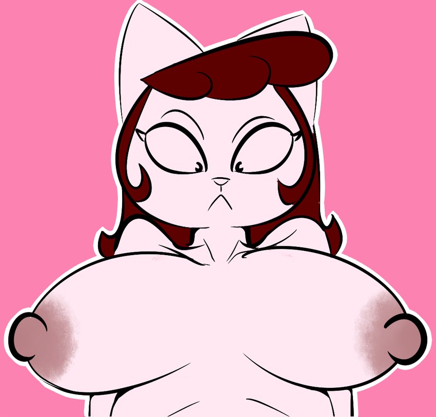 anthro areola big_areola big_breasts breasts female fur hair looking_at_viewer nipples nude pink_body pink_fur puffy_nipples simple_background solo surprise wide_eyed gold-white-kott a_kitty_bobo_show maggie_(kitty_bobo) domestic_cat felid feline felis mammal digital_media_(artwork)