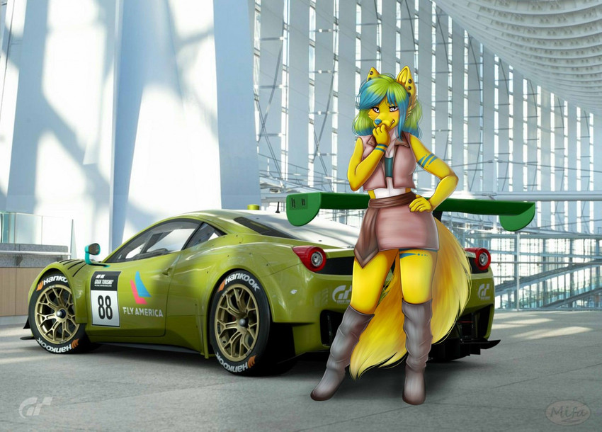 anthro blue_eyes blue_hair breasts butt car clothed clothing detailed_background ear_piercing female fluffy fluffy_tail fur green_hair hair multicolored_body multicolored_fur multicolored_hair open_mouth open_smile piercing smile solo tail teeth two_tone_body two_tone_fur two_tone_hair vehicle white_body white_fur yellow_body yellow_fur mifa gran_turismo sony_corporation sony_interactive_entertainment rachel_(calithya) canid canine canis mammal wolf 3d_(artwork) digital_media_(artwork)