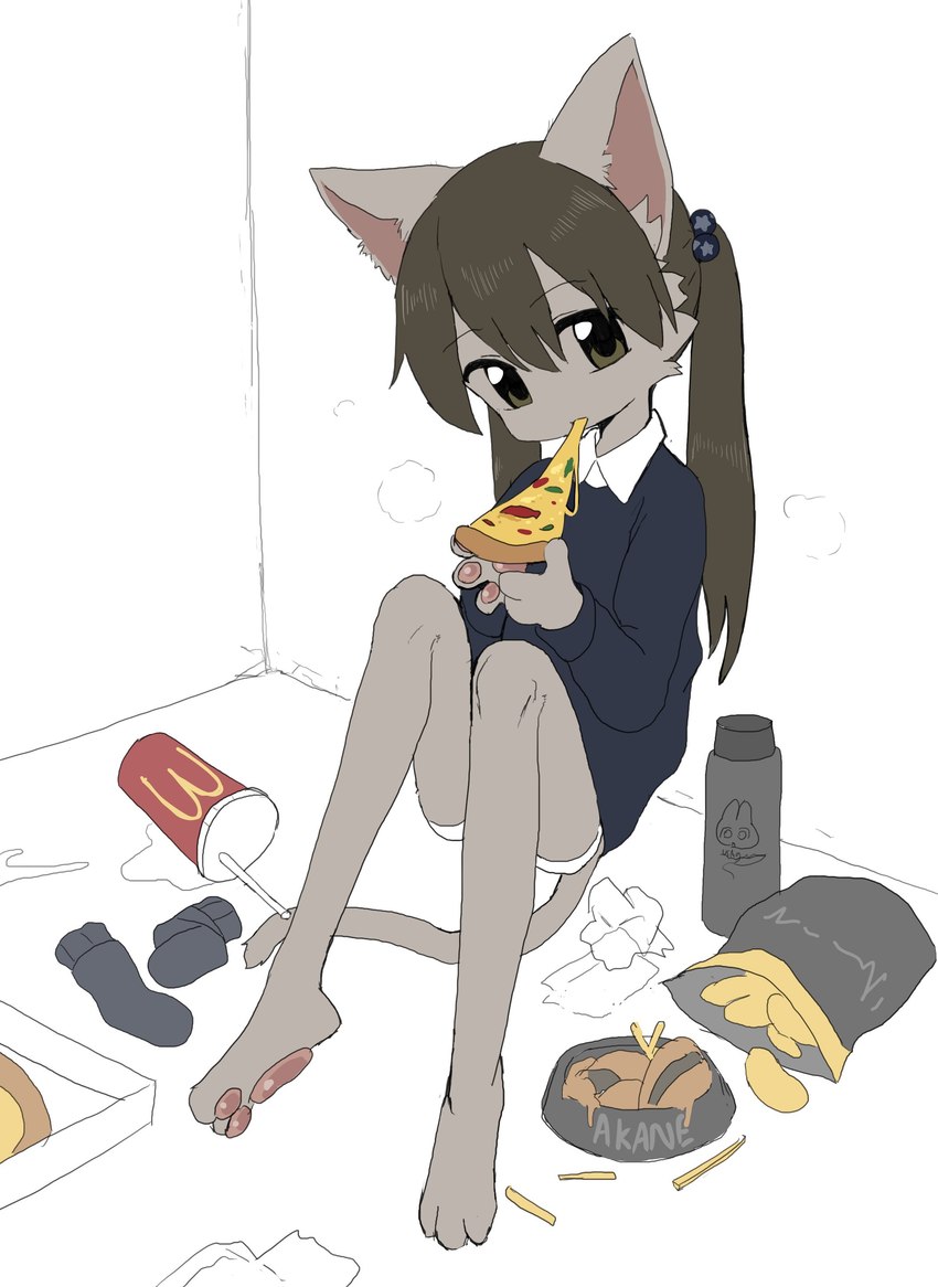 anthro chips_(food) clothed clothing eating female food kemono pawpads pizza solo vreparty mcdonald's hiraragi_akane domestic_cat felid feline felis mammal absurd_res hi_res