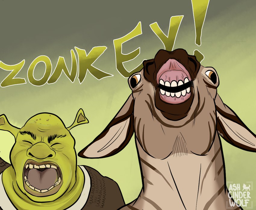 anthro ash_cinderwolf duo ear_stalk female flehmen_response humor male male/female text yelling ashcinderwolf nanochetha dreamworks shrek_(series) donkey_(shrek) shrek_(character) asinus donkey equid equine humanoid hybrid mammal ogre zebra zebroid zonkey hi_res meme