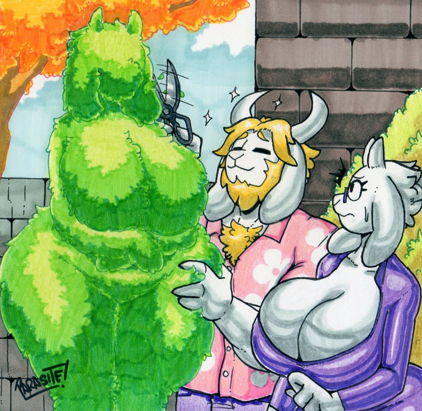 2_horns 4_fingers anthro beard big_breasts black_eyes blonde_hair body_hair breasts chest_hair cleavage clothed clothing curvy_figure detailed_background dress_shirt duo eyelashes eyewear facial_hair female fingers fur glasses hair horn huge_breasts husband husband_and_wife long_ears male married_couple mature_anthro mature_female mature_male outside plant scissors shirt short_hair shrub topwear tree voluptuous white_body white_fur wife parasitedeath undertale undertale_(series) asgore_dreemurr toriel boss_monster_(undertale) bovid caprine goat mammal 2024 artist_name graphite_(artwork) hi_res marker_(artwork) signature traditional_media_(artwork)