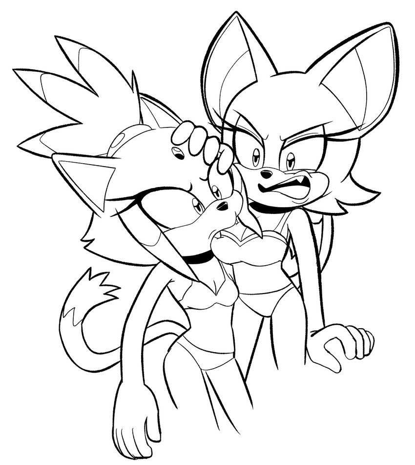 angry annoyed anthro bikini bite biting_another bra breast_bite breast_play breasts cleavage clothed clothing duo fangs female female/female swimwear teeth two-piece_swimsuit underwear alotaart sega sonic_the_hedgehog_(series) blaze_the_cat rouge_the_bat bat domestic_cat felid feline felis mammal 2023 hi_res line_art monochrome sketch