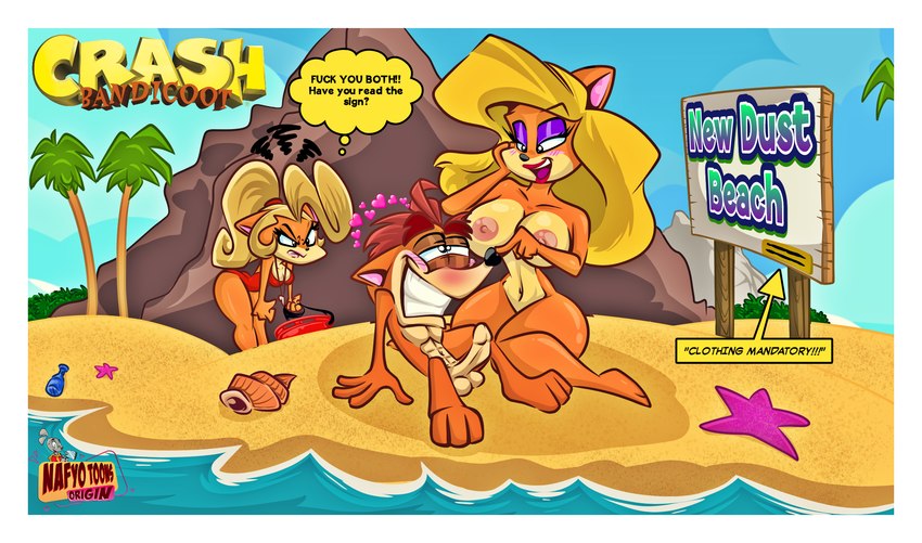 anthro blush border dialogue female genitals group lifeguard logo male male/female nipples penis text thick_thighs thought_bubble trio white_border nafyo-toons activision crash_bandicoot_(series) boga_squeak coco_bandicoot crash_bandicoot tawna_bandicoot bandicoot mammal marsupial mouse murid murine rodent artist_logo english_text hi_res