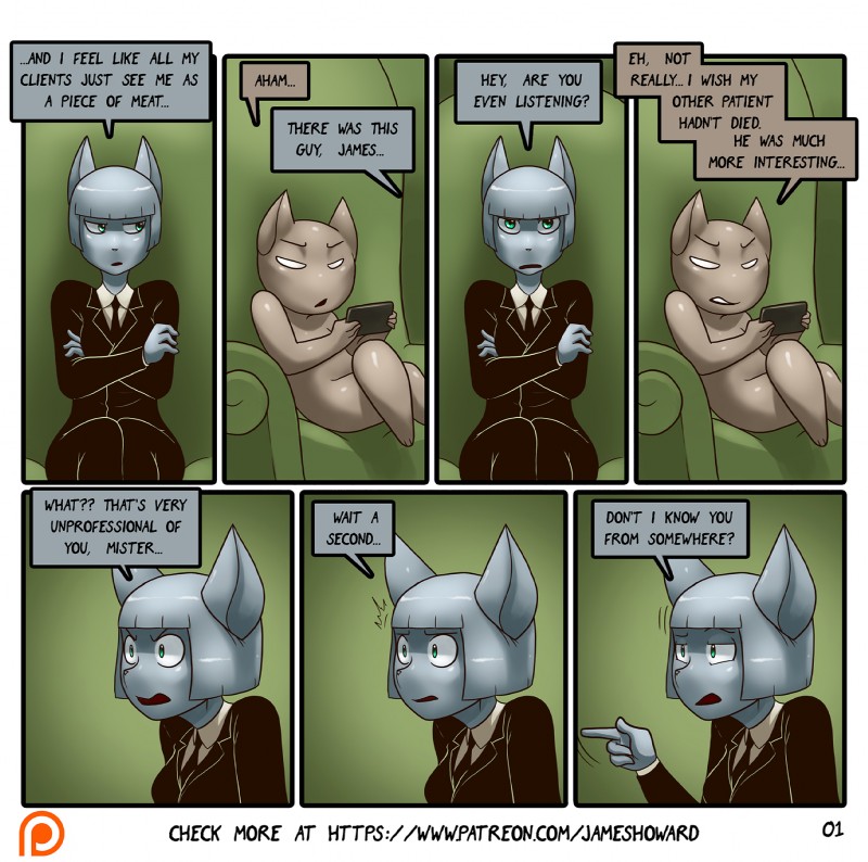 anthro clothing dialogue distracted duo female necktie patreon_logo sitting speech_bubble text unprofessional_behavior website_logo james_howard patreon reggie_(james_howard) domestic_cat felid feline felis mammal comic digital_media_(artwork) english_text hi_res url