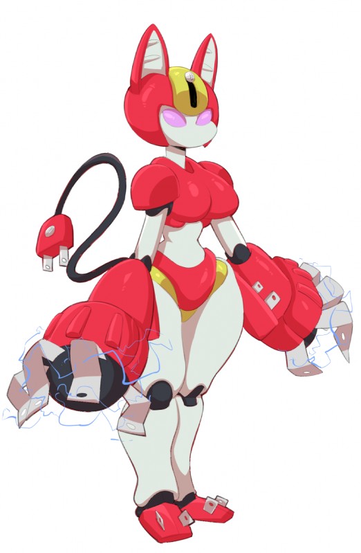 breasts empty_eyes featureless_breasts feline_ears female machine plug pseudo_clothing red_body simple_background small_waist solo thick_thighs white_body wide_hips riipley medabots peppercat_(medabots) animal_humanoid felid felid_humanoid humanoid mammal mammal_humanoid peppercat robot 2019 digital_media_(artwork) hi_res