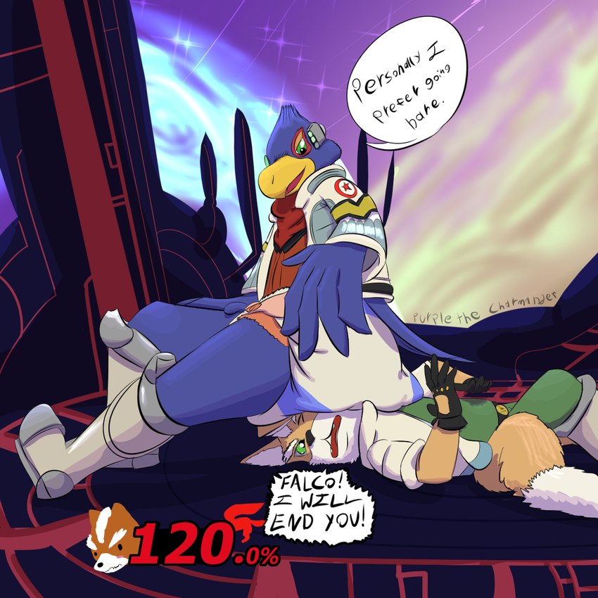 anthro battlefield_(super_smash_bros) beak blue_body blush clean_diaper clothed clothing diaper duo facesitting feathers fur male sitting_on_another smile tail text wearing_diaper purplethecharmander nintendo star_fox super_smash_bros. super_smash_bros._ultimate falco_lombardi fox_mccloud avian bird canid canine canis fox mammal 1:1 digital_media_(artwork) english_text hi_res